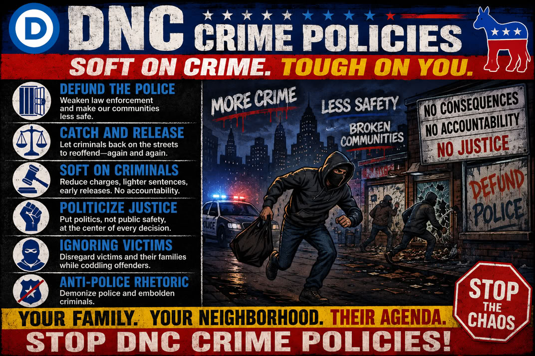 A political poster criticizing DNC crime policies, featuring a list of points on the left, an illustration of a masked person with a bag running away from a police car in a dark urban setting on the right, and bold text at the bottom urging to stop DNC crime policies.