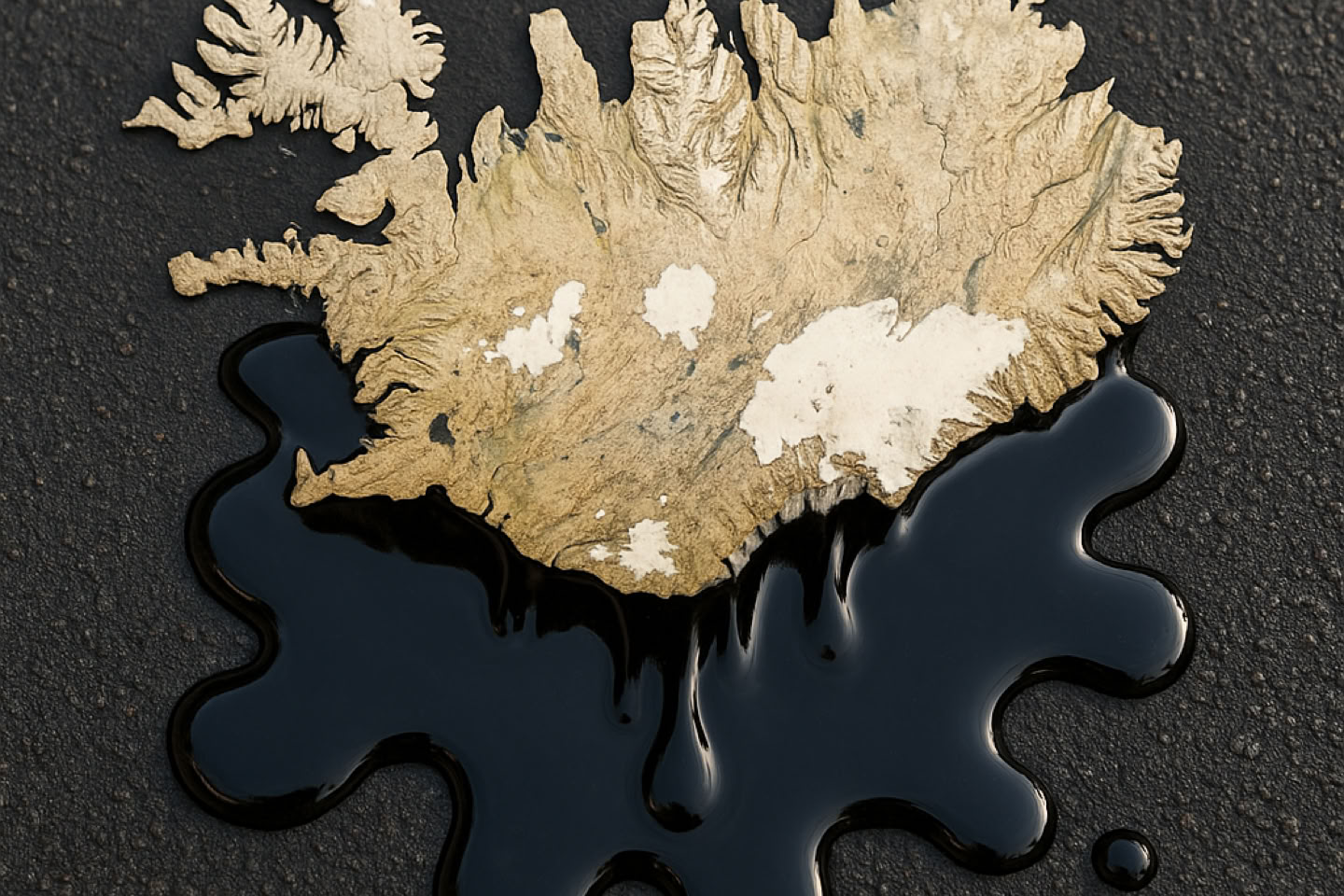 A map of Iceland with a black liquid spill shape beneath it on a dark background.