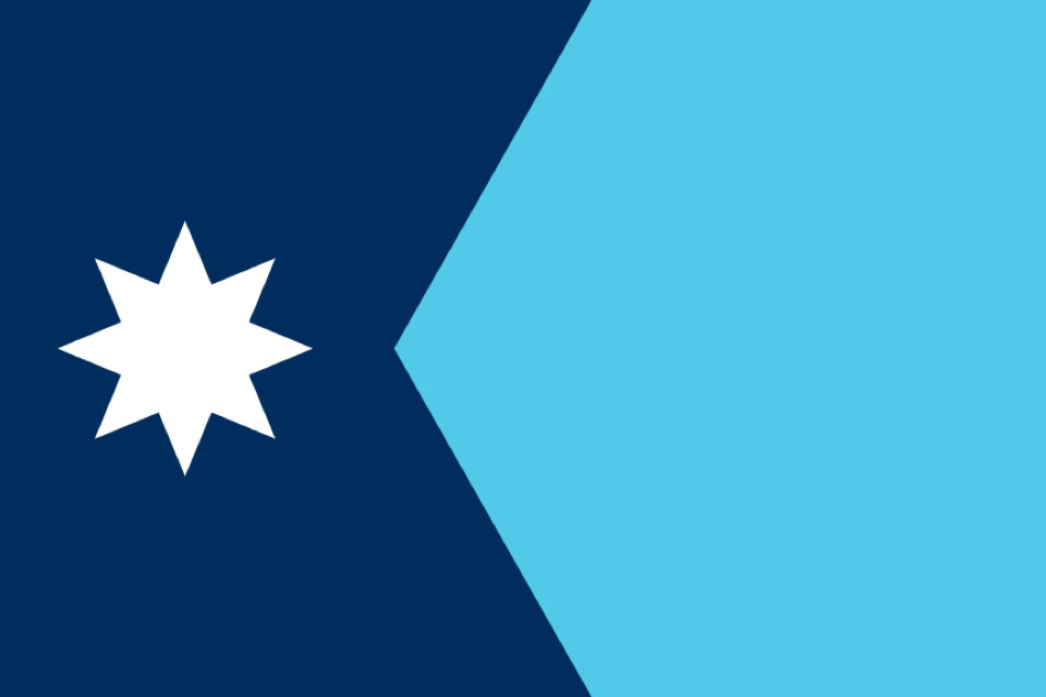 A flag with a dark blue field on the left featuring a white seven-pointed star, and a light blue chevron on the right.